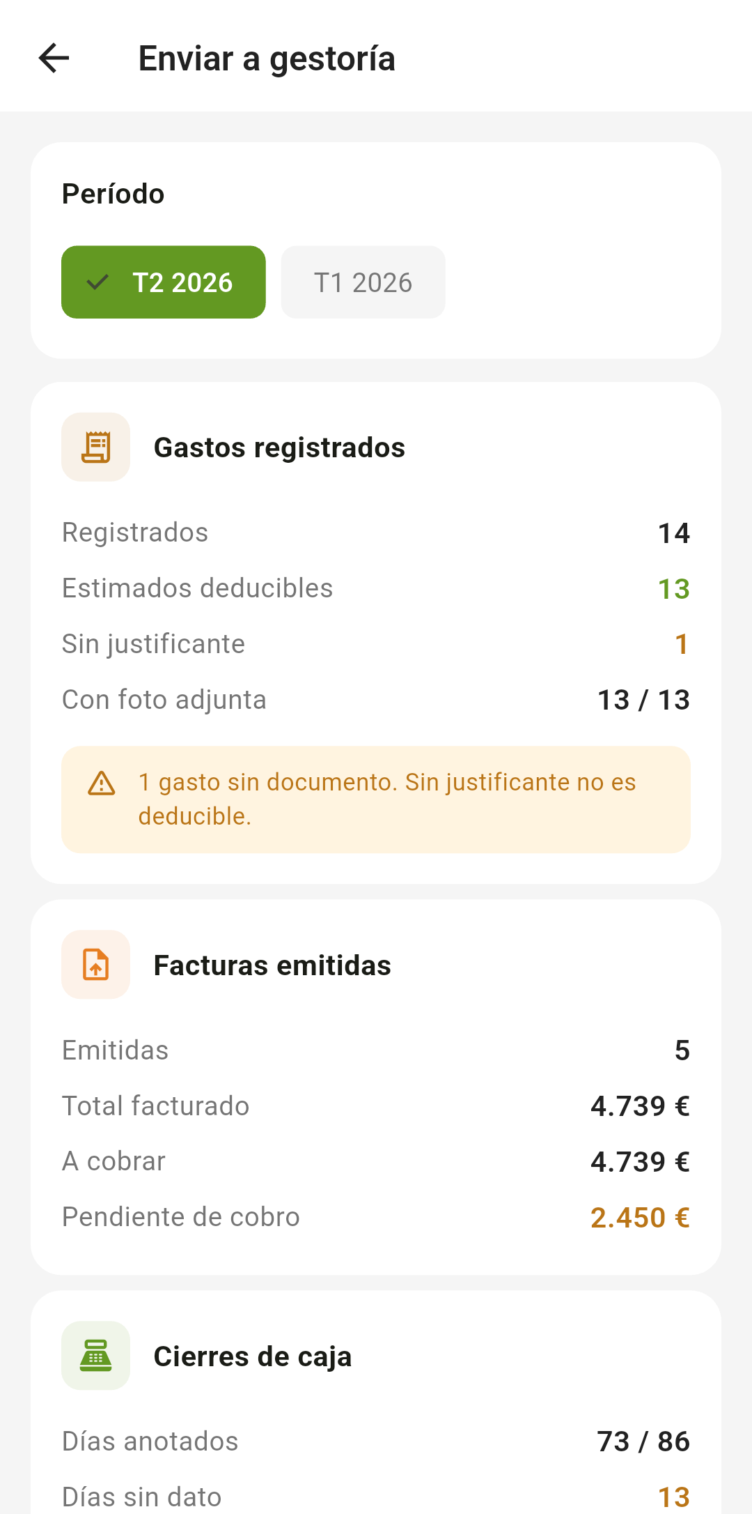 Resumen del trimestre antes de enviarlo a la gestoría