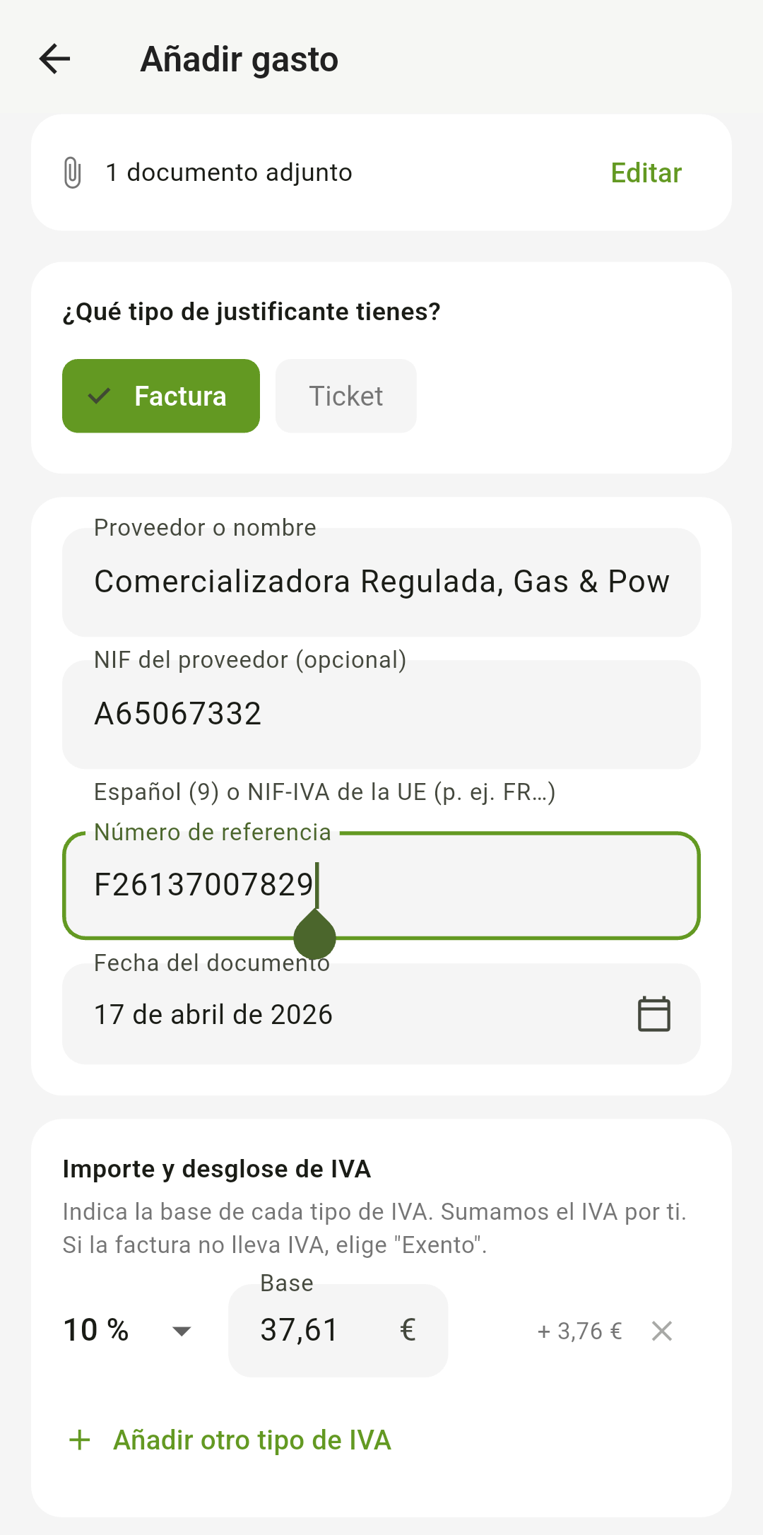 Ficha de un gasto con los datos rellenados a partir de la foto